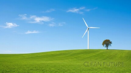 Obraz premium A sustainable wind turbine generator stands tall in a lush green grass field under a clear blue sky, harnessing renewable nature energy for a clean industrial power landscape