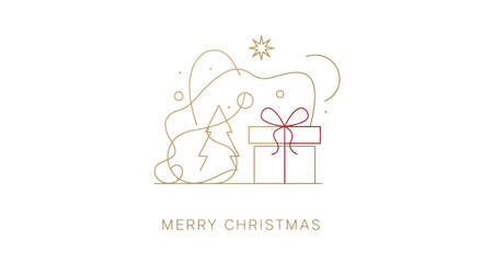 Fototapeta premium Minimalist Christmas Gift Box and Tree with Abstract Gold Lines on White Background