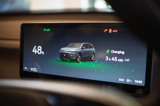 Penang, Malaysia - Apr 07, 2026: A close-up view of the digital dashboard of a Leapmotor C10 electric SUV, displaying battery percentage and remaining charging time.
