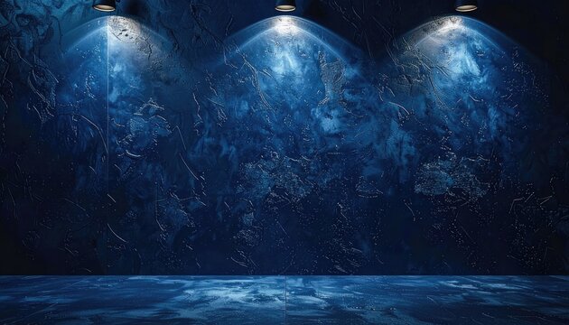 A dramatic interior space is illuminated by three spotlights shining down on a textured blue wall, creating a captivating and atmospheric scene.