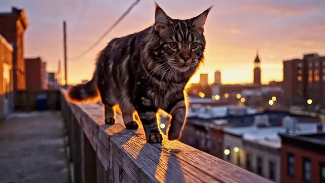 Majestic feline gracefully navigating an urban rooftop railing at golden hour, silhouetted against a beautiful city skyline during a vibrant sunset