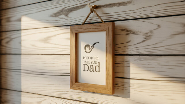 Wooden frame hanging on the wall displays a heartfelt message celebrating fathers with an illustrated pipe icon honoring a special dad on his special day