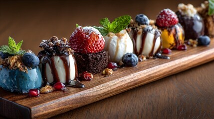 Dessert arranged diagonally on a long narrow wooden board, emphasizing direction and flow