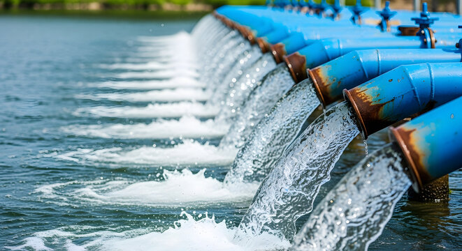 A row of large blue pipes discharging clear water into a body of water, creating ripples and splashes.