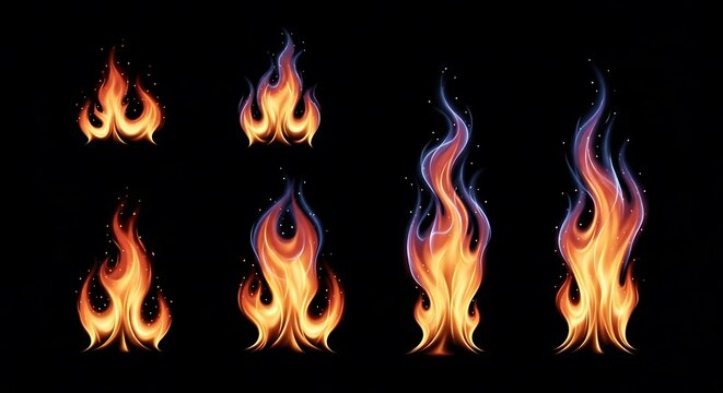 Fiery flames animated fire illustrations against a dark background