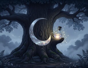 Naklejka premium Enchanted glowing moon and magic potion bottle in dark mystical forest.