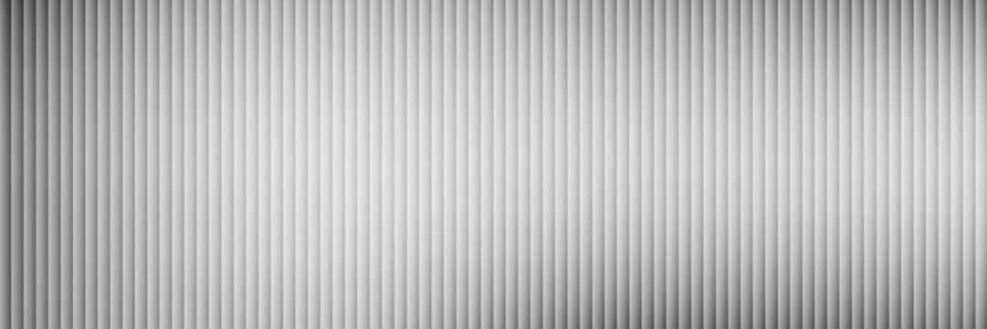 Acrylic satin corrugated glass texture light gray background. Blurred soft ribbed transparent striped door window overlay. Metal silver reeded polycarbonate sheet. Abstract vertical gradient pattern
