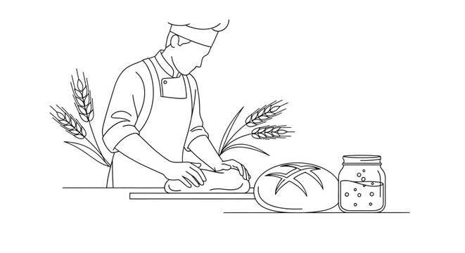 Chef preparing bread in line art style with wheat and ingredients on white