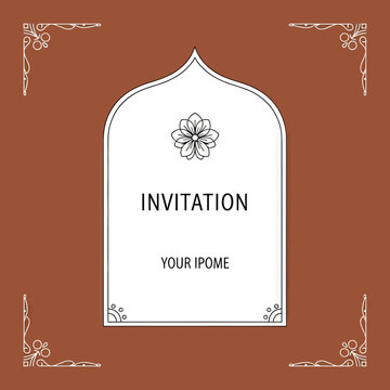 Elegant Islamic Invitation Template with Mihrab Arch and Floral Line Art Ornament on Terracotta Background