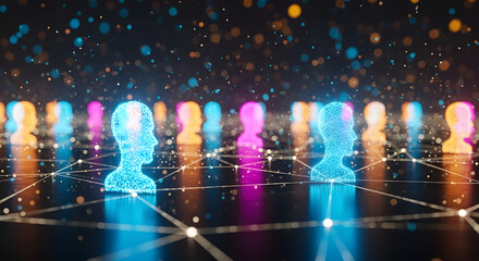 Fototapeta premium Abstract visualization of interconnected digital human profiles in a network.