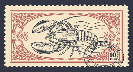 Obraz premium Vintage Lobster Postage Stamp Illustration, Antique Engraving Style Marine Life Vector Art