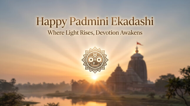 Hindu temple at sunrise with decorative symbol and flag serene lake landscape