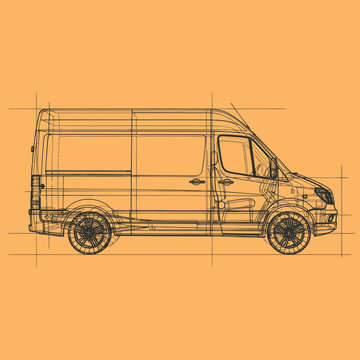 Wireframe Blueprint of a Delivery Van - Technical Illustration for Automotive Design and Engineering on Orange Background