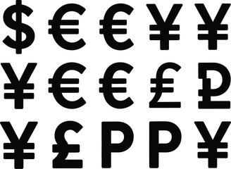 Obraz premium Currency icon set, minimalist dollar and euro icons featuring clear financial symbols for banking UI apps finance presentations and modern money design.