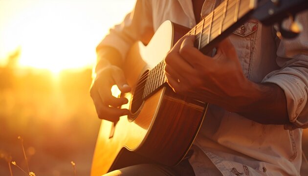 Passionate musician plays acoustic guitar under the warm, inspiring glow of a setting sun