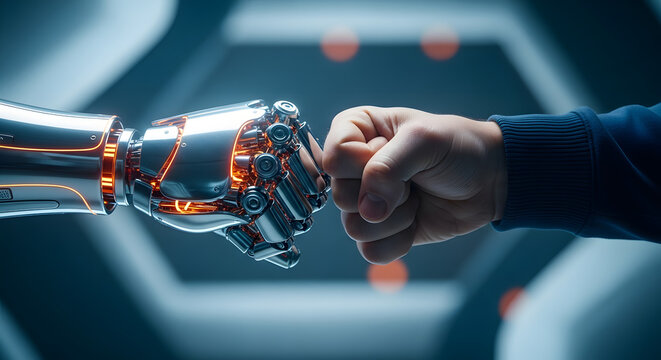 A close-up shot of a human hand and a robotic arm fist-bumping, symbolizing collaboration and the future of technology.