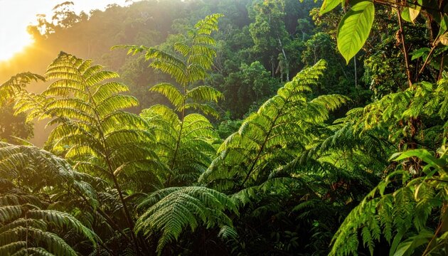 Lush Green Ferns Bathed in Golden Sunlight in a Tropical Forest.