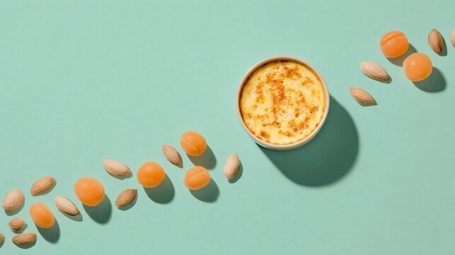 Overhead composition where apricot clafoutis sits extremely off-center on a pastel pistachio background, while a trail of apricot pits forms a loose path leading diagonally across the frame