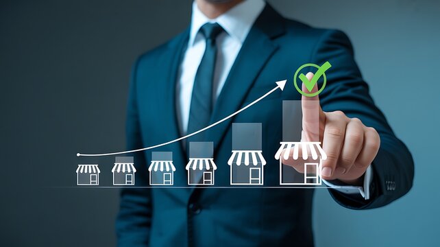 Business growth and franchise expansion concept with hand selecting store icons on digital interface