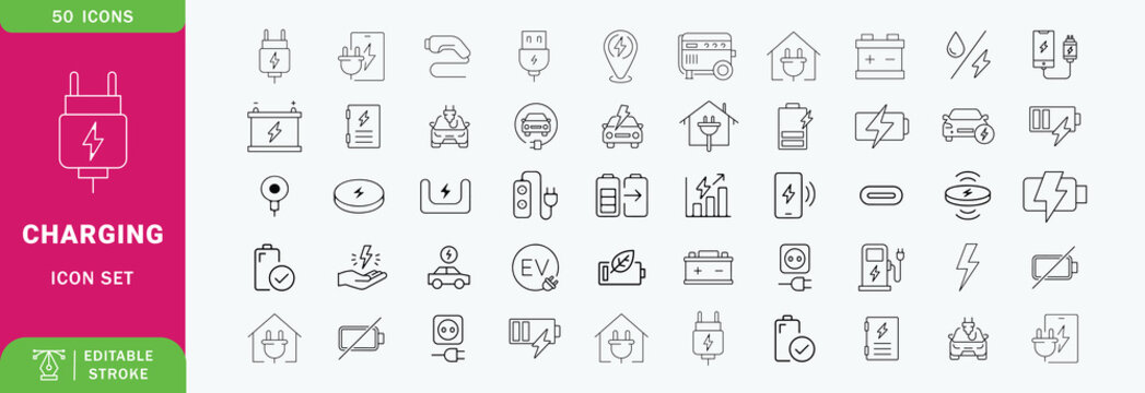 Charging icon set. Containing charge, battery, energy, electricity, charger, recharge, electric car and charging station icons. Outline Icon Collection. Vector illustration. Editable stroke