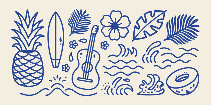 Summer themed line art illustration with tropical fruits surfboard and ukulele on a beige background
