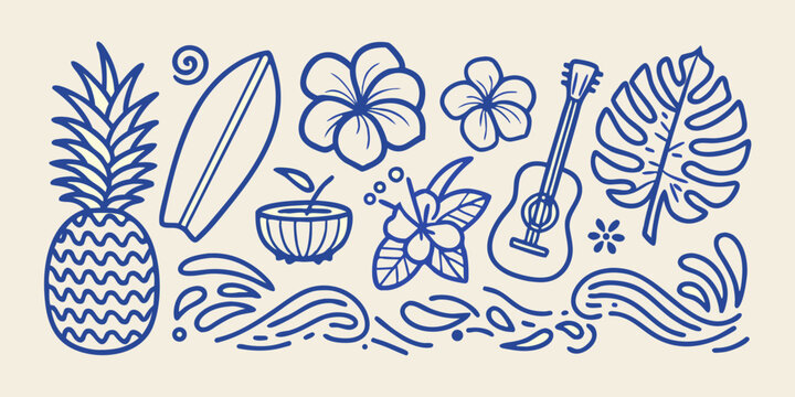 Tropical summer illustration with pineapple surfboard hibiscus flowers and ukulele on a beige background