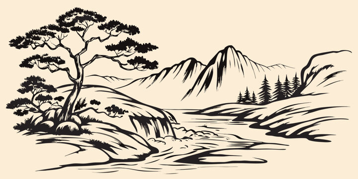 East asian inspired landscape with mountains waterfall and pine tree in black ink style