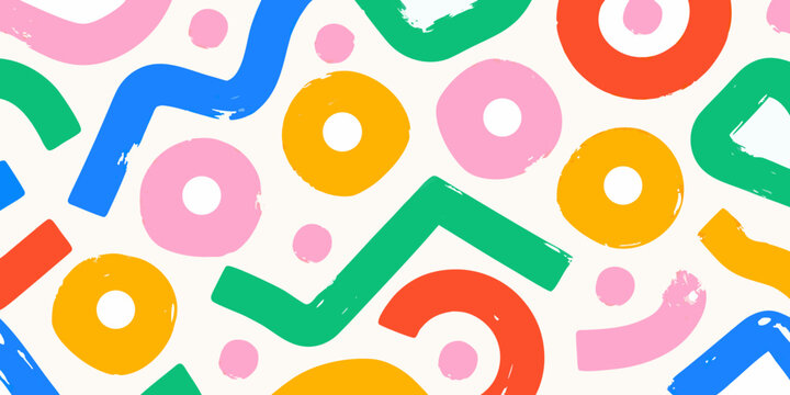 Abstract colorful shapes and circles with rough brush texture on a white background high quality