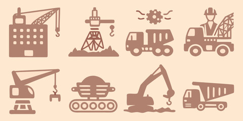 Construction equipment icons set including cranes trucks and excavators in a flat style high quality © Ranajit