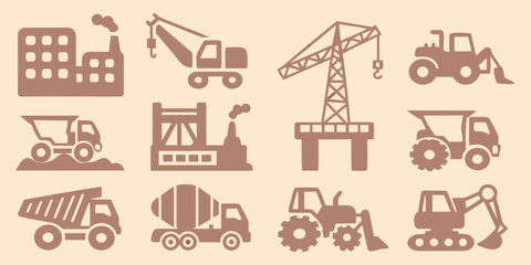 Construction vehicle silhouettes collection including cranes dump trucks and excavators on a beige background © Ranajit