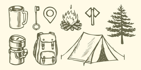 Camping gear collection sketch illustration with mug tent backpack and campfire on beige background © Ranajit