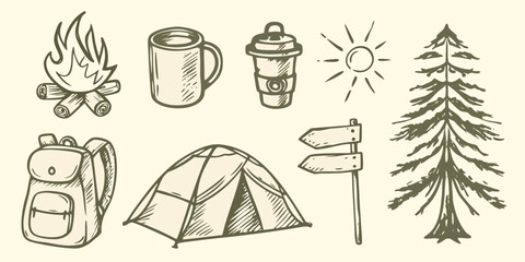 camping equipment sketch set with tent campfire backpack and directional sign high quality professional detailed © Ranajit
