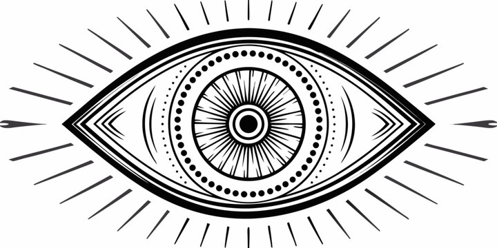 Stylized eye illustration with radiating lines black and white graphic design high quality professional detailed