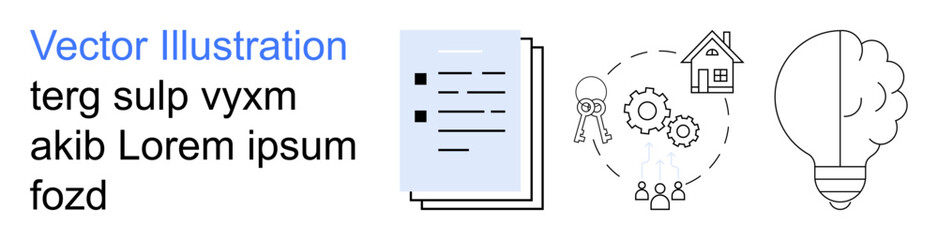 Business strategy, creative thinking, homeownership, document management, teamwork, planning ideas. Collection of icons including light bulb, gears keys files and house. Creative thinking © robu_s