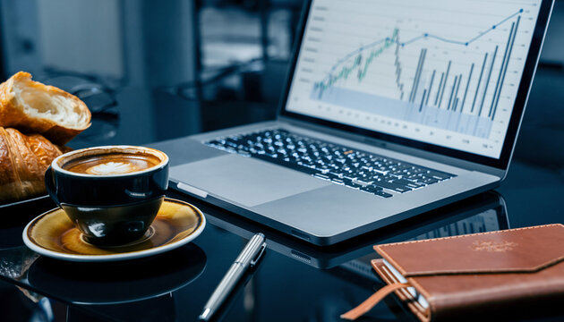 Professional Laptop Setup with Financial Charts and Espresso