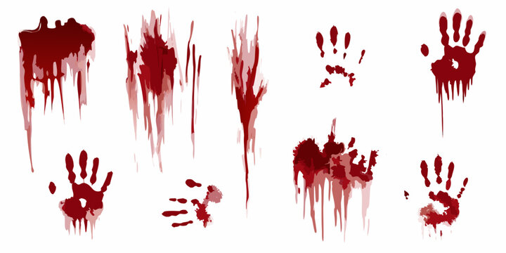 Realistic blood splatters and handprints collection isolated on a white background high quality professional detailed