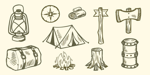 hand drawn camping equipment set including lantern tent and campfire sketch high quality professional detailed © Ranajit