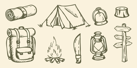 Camping equipment sketch collection including tent lantern backpack and signpost illustration high quality professional detailed © Ranajit