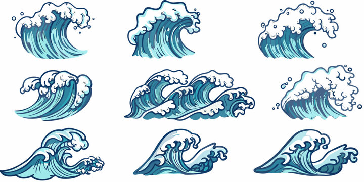 hand drawn wave illustrations with varying shapes and shades of blue on a white background