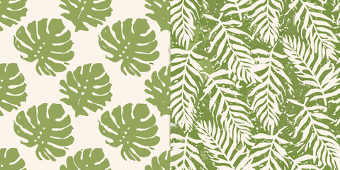 Tropical monstera leaf and fern pattern green botanical illustration on a beige background high quality © Ranajit