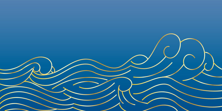 Japanese sea wave line background vector. Wallpaper design with blue and golden ocean wave pattern backdrop. Modern luxury oriental illustration for cover, banner, website, decor, border, line art vec