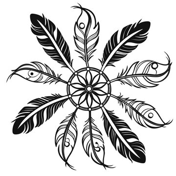 Bohemian dreamcatcher mandala with bird feathers, tribal ethnic circular ornament vector, black and white spiritual dream catcher illustration