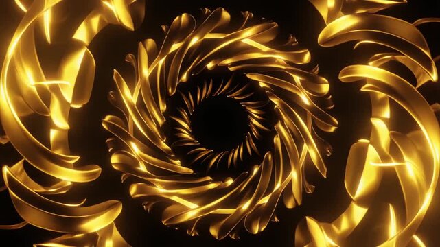 Golden spiral vortex with reflective shapes, symbolizing motion, symmetry, and luminous transformation in abstract design.