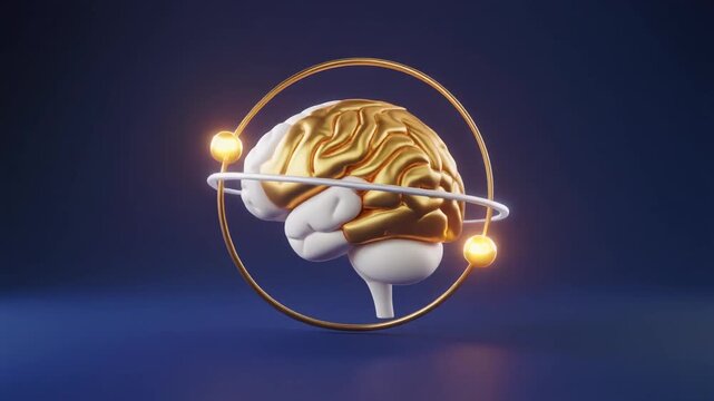 Golden futuristic brain with orbiting spheres, symbolizing intelligence, neuroscience, and technological evolution.