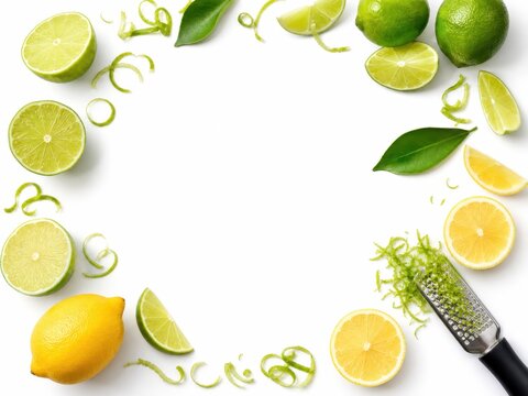 Lime zest fresh fruits and a zester tool styled as a decorative border frame with lime slices citrus wedges fresh zest ribbons and a zester tool forming an open composition around empty center space