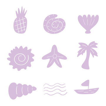 Hand-drawn. Summer element set. Purple pineapple, seashells, starfish, palm tree, wave, and sailboat on a white background.