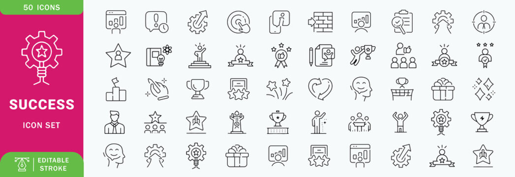 Success editable stroke outline web icons set. Success, achievement, successful, strategy, winner, teamwork, goal, brainstorm, challenge and task. Vector illustration