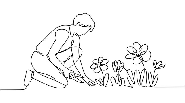 Gardener kneeling and pruning flowers with scissors single line drawing gardener gardening scissors