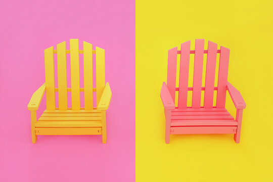 Wooden slatted armchairs in vivid pink and yellow contrast colors. Abstract design for indoor furniture or outdoor beach, garden or patio seating.