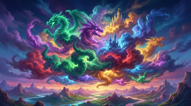 Fantasy Castle with Dragons and Clouds